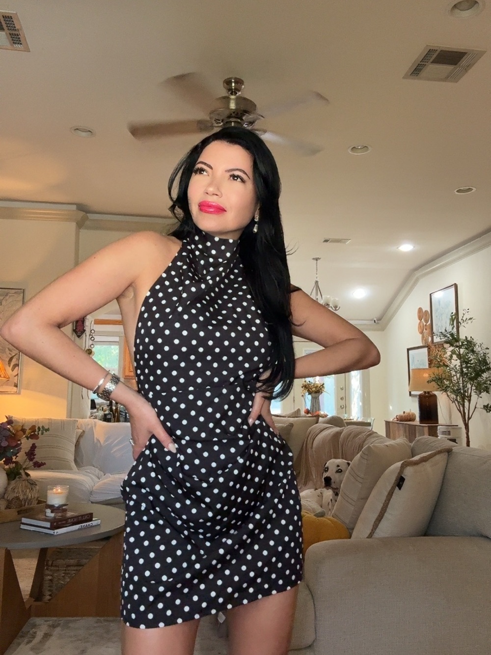 Commense Black & White Polka Dot Halter Mini Dress